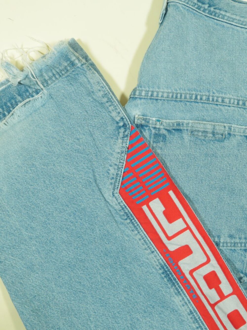 VIntage 90s JNCO Baggy Jeans Mens 31 Blue Multi Track Ripped Hems
